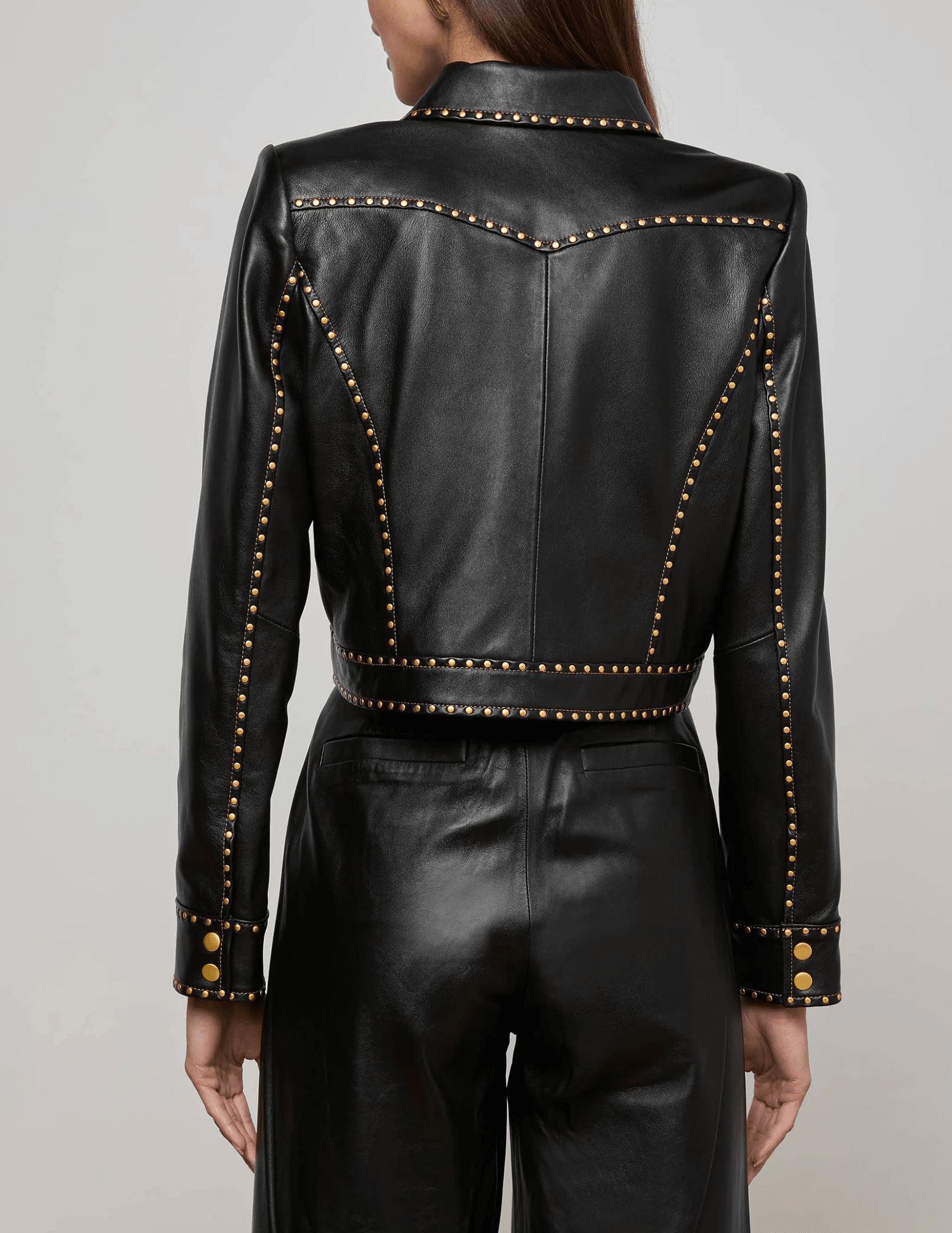 L’AGENCE Winsome Studded Leather Jacket in black lambskin with gold studs back view