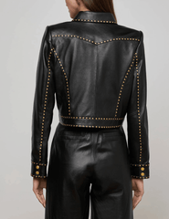 L’AGENCE Winsome Studded Leather Jacket in black lambskin with gold studs back view