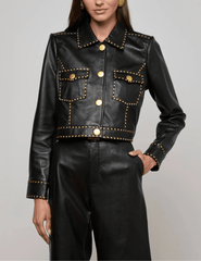 L’AGENCE Winsome Studded Leather Jacket in black lambskin with gold studs front view