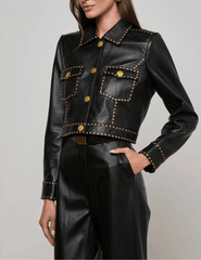 L’AGENCE Winsome Studded Leather Jacket in black lambskin with gold studs front view side