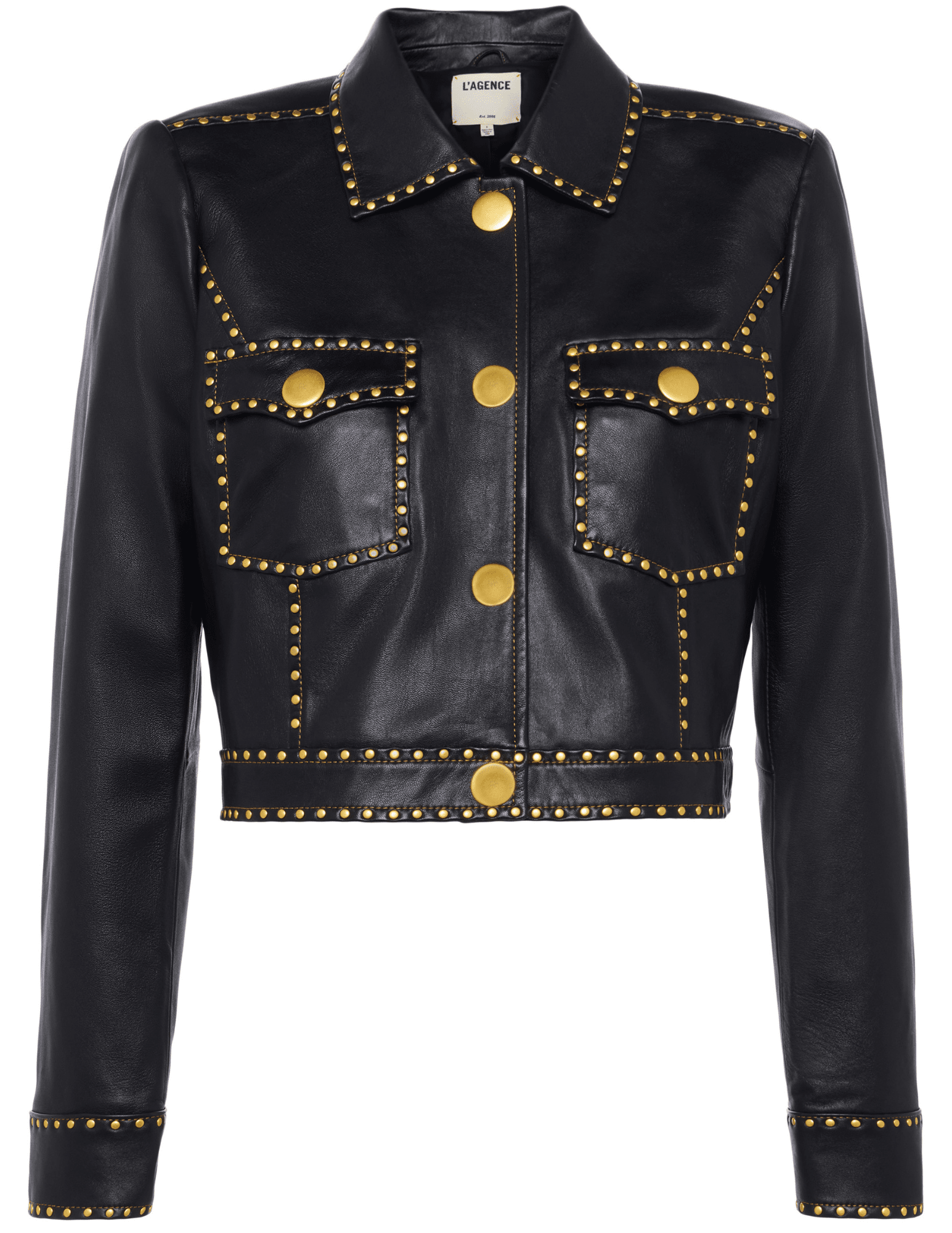 L’AGENCE Winsome Studded Leather Jacket in black lambskin with gold studs 