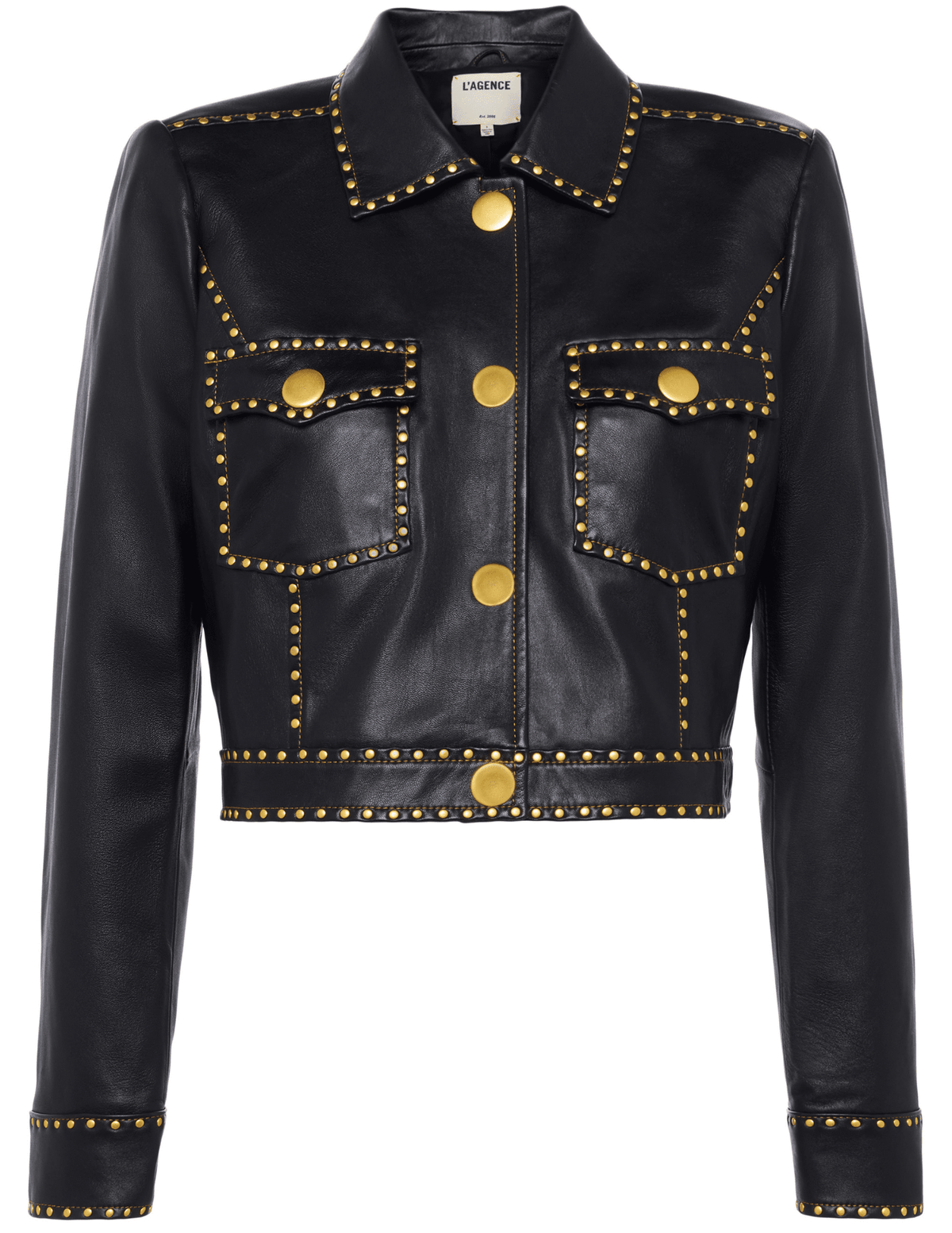 L’AGENCE Winsome Studded Leather Jacket in black lambskin with gold studs 