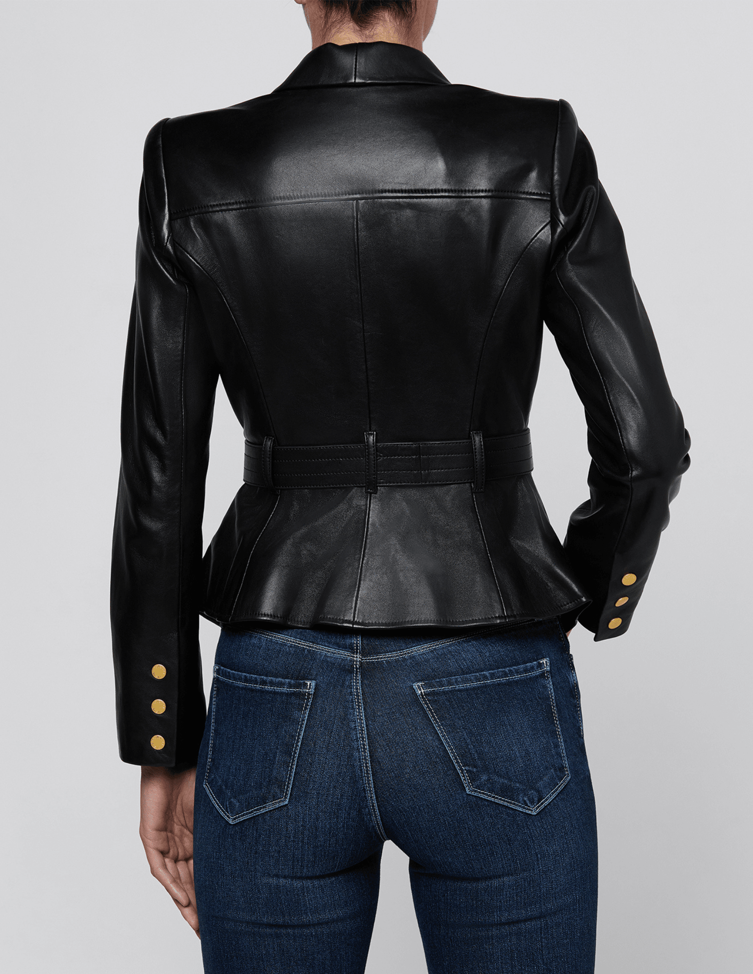 Back view of L’AGENCE Wisteria Cargo Leather Blazer in Black