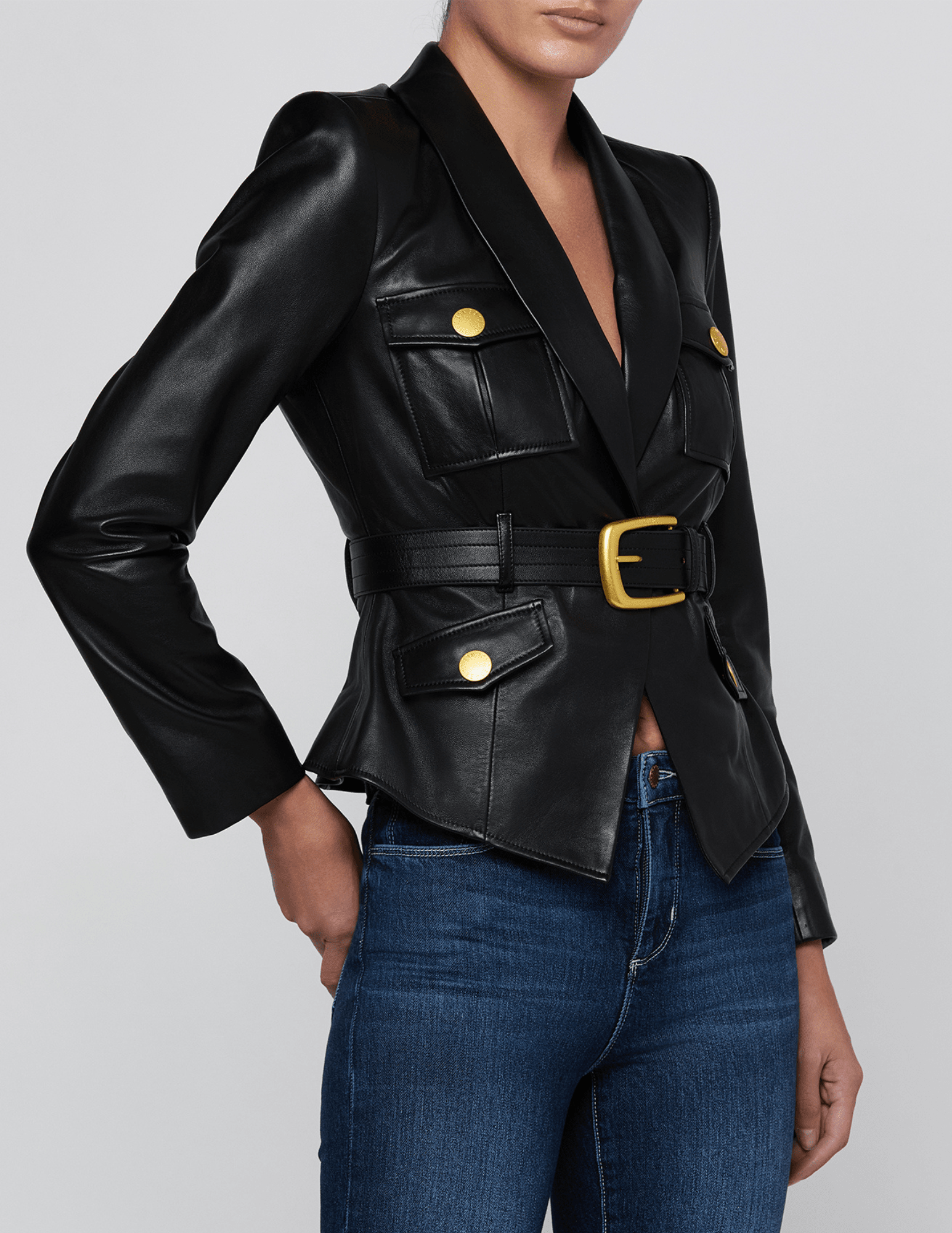 Side view of L’AGENCE Wisteria Cargo Leather Blazer in Black