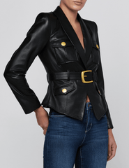 Side view of L’AGENCE Wisteria Cargo Leather Blazer in Black