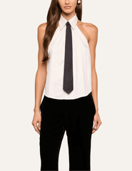 Front view of L'AGENCE Wren Necktie Poplin Top White & Black