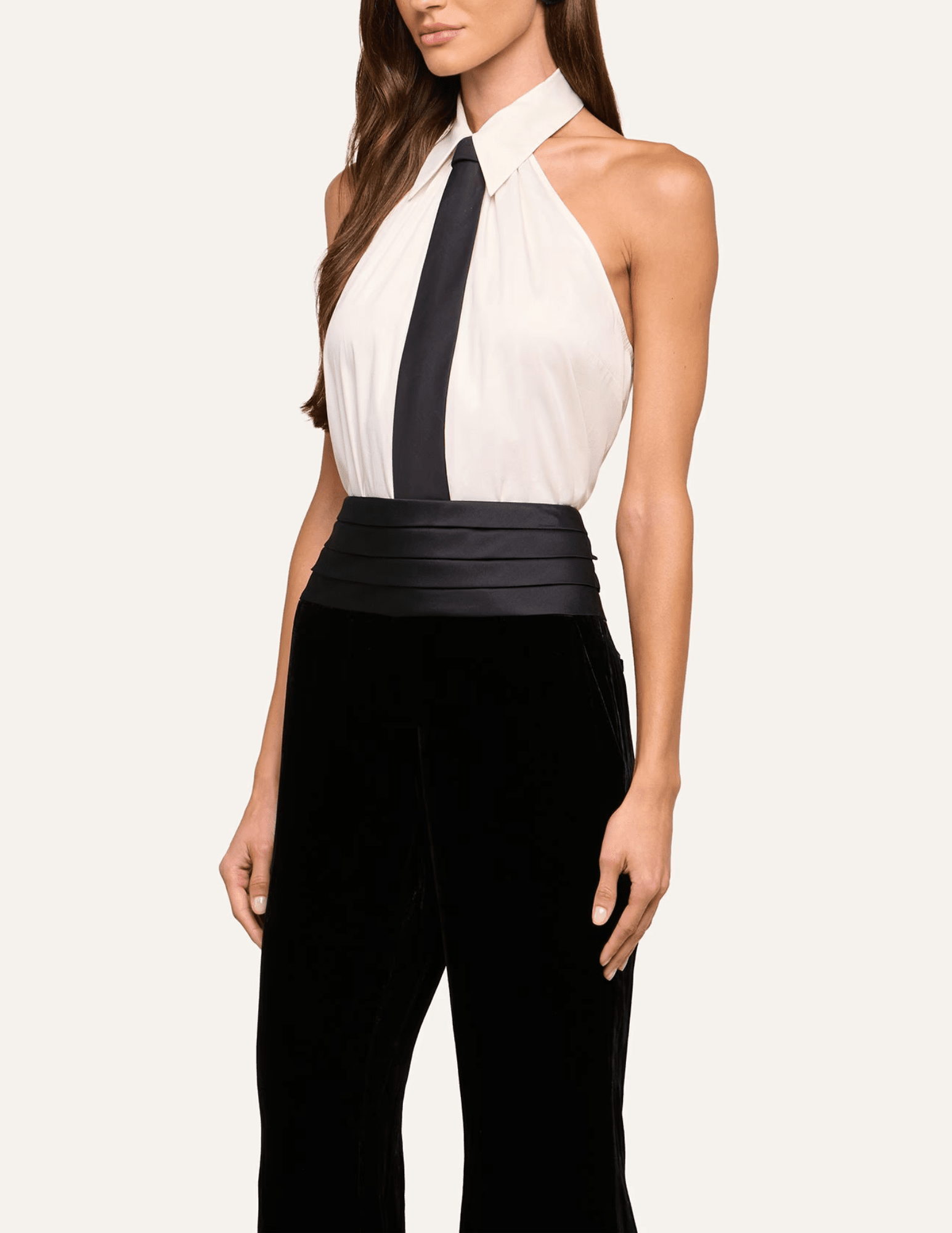 Side view of L'AGENCE Wren Necktie Poplin Top White & Black