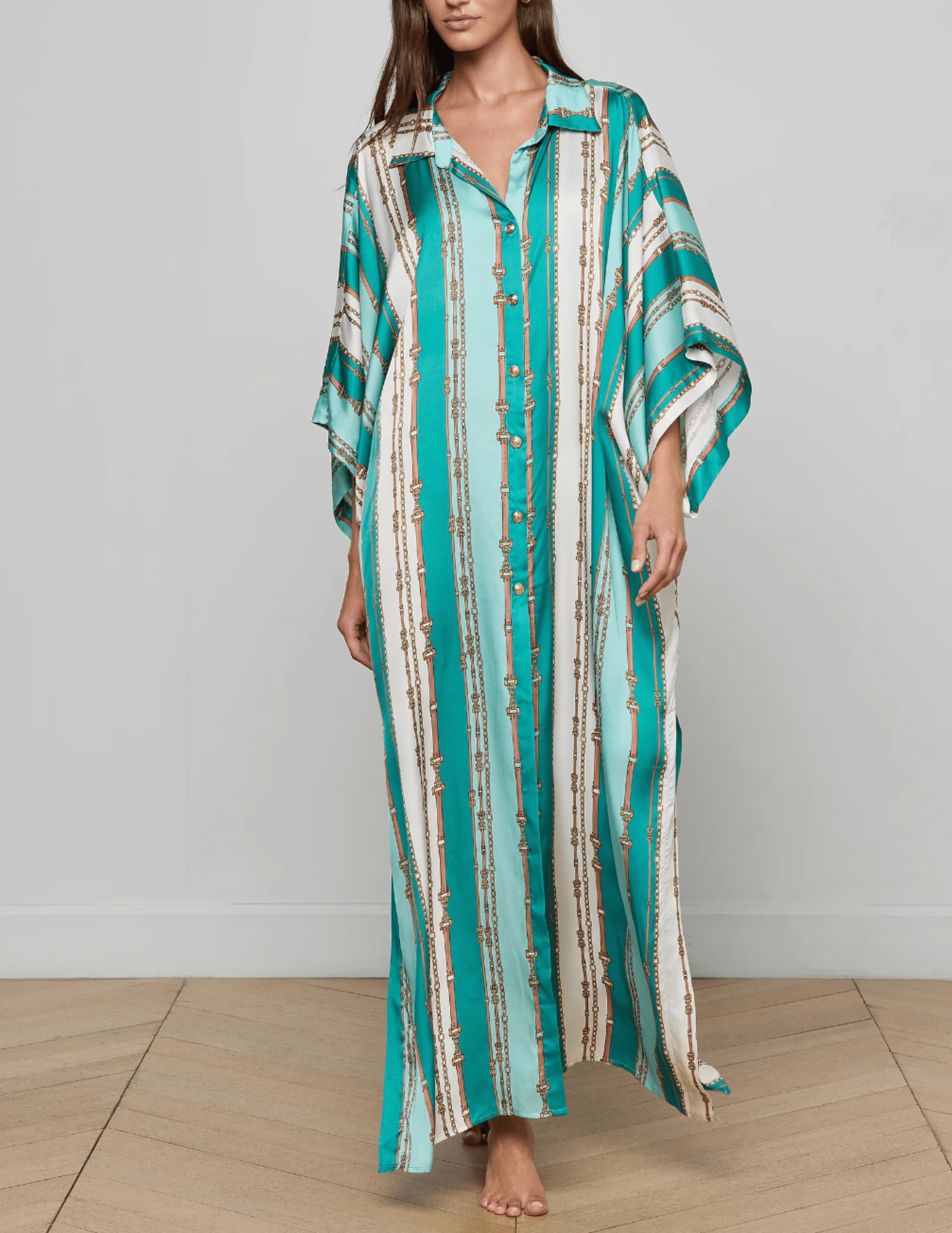 Model wearing L’AGENCE Wrena Cover-Up Shirt Dress in Light Sage Belt Stripe, front view.