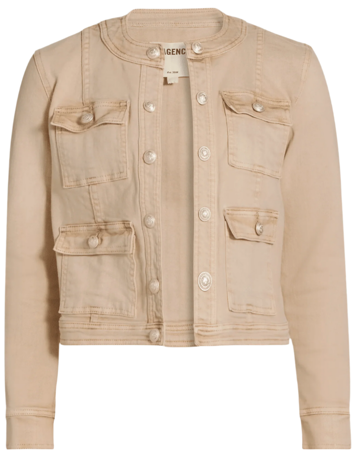 L'AGENCE Yari collarless jacket in Biscuit, elegant women's lightweight jacket with a minimalist collarless design in soft neutral tone front view