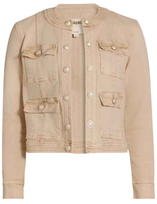 L'AGENCE Yari collarless jacket in Biscuit, elegant women's lightweight jacket with a minimalist collarless design in soft neutral tone front view