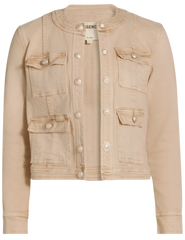 L'AGENCE Yari collarless jacket in Biscuit, elegant women's lightweight jacket with a minimalist collarless design in soft neutral tone front view