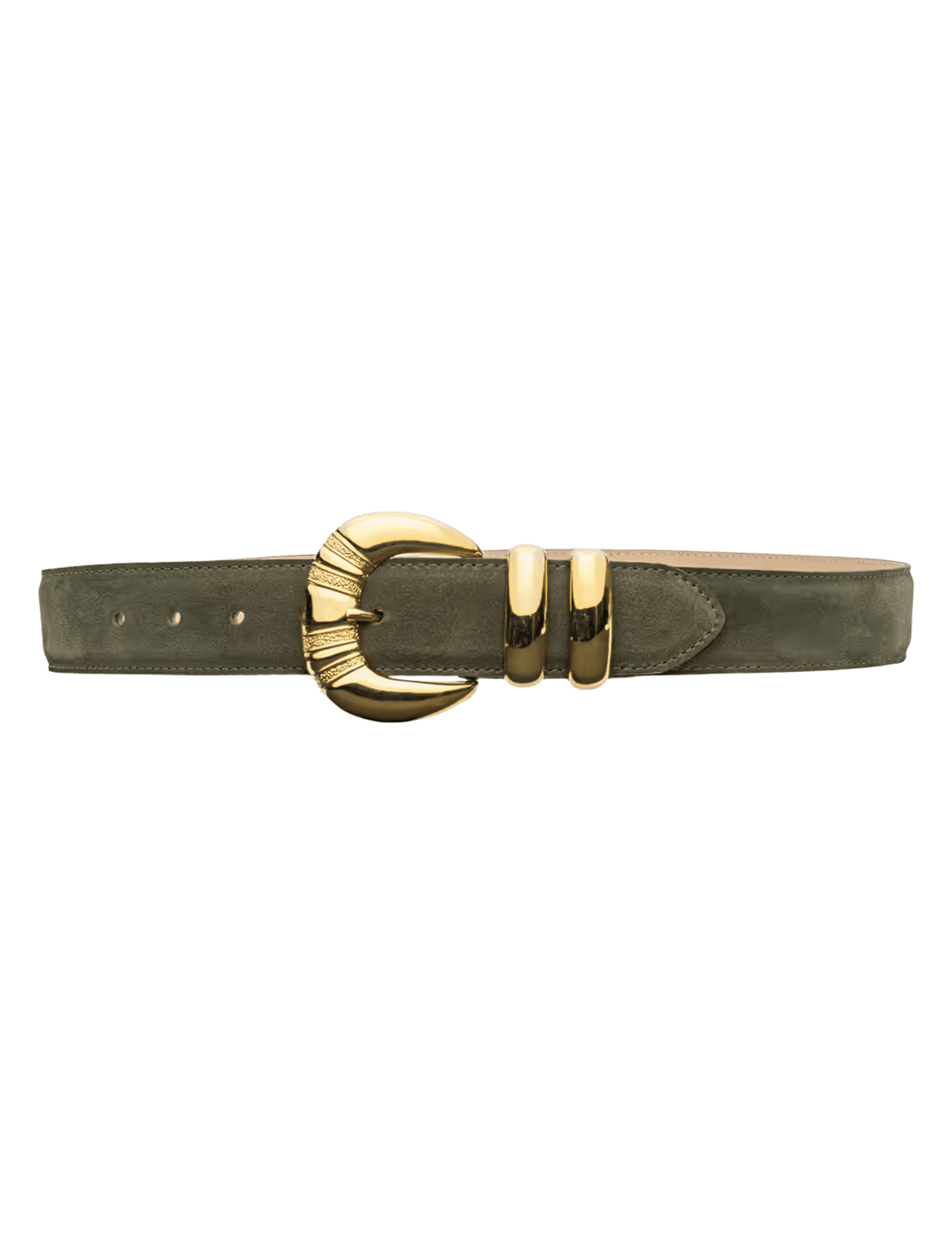 	Full view of L'AGENCE Yarros olive suede leather belt with gold-plated buckle and multiple loop details