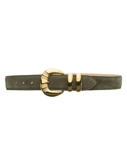 	Full view of L'AGENCE Yarros olive suede leather belt with gold-plated buckle and multiple loop details