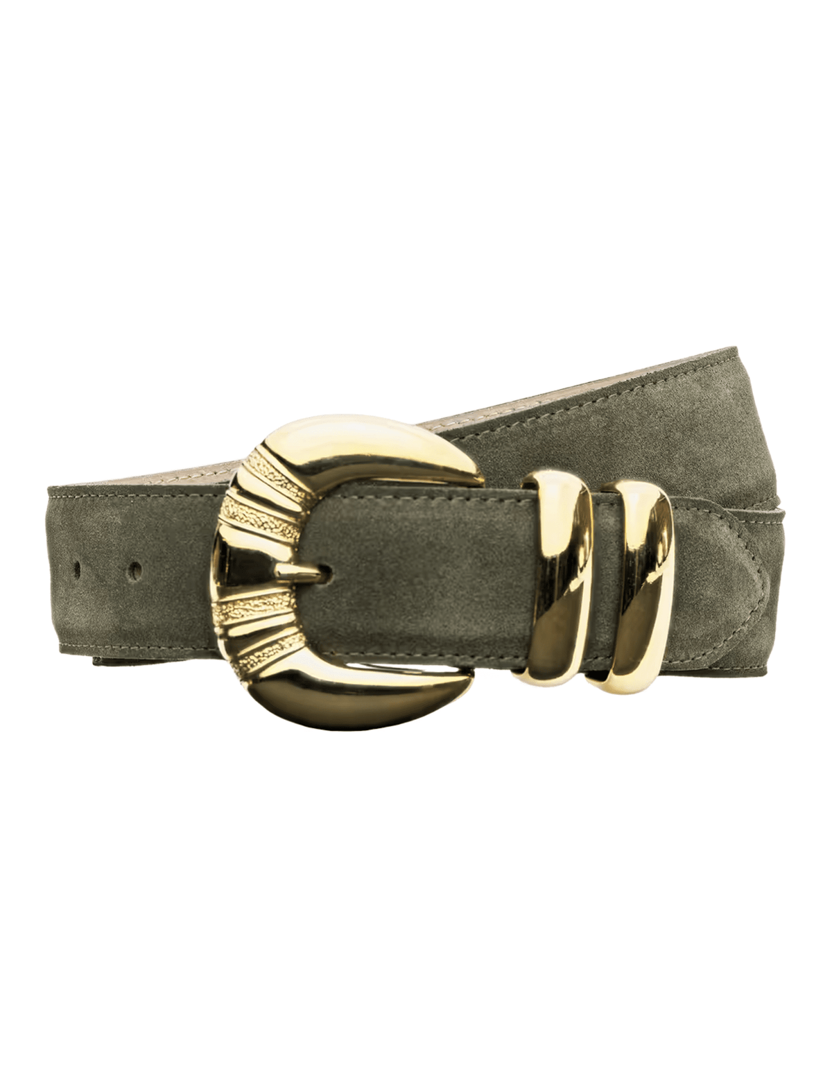 L'AGENCE Yarros olive green Italian suede belt with etched 24K gold-plated buckle and polished gold loops