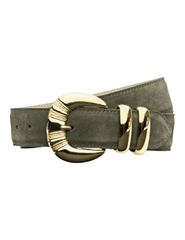 L'AGENCE Yarros olive green Italian suede belt with etched 24K gold-plated buckle and polished gold loops