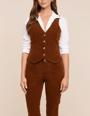Front view of L'AGENCE Yelena Corduroy Vest in Java layered over white shirt
