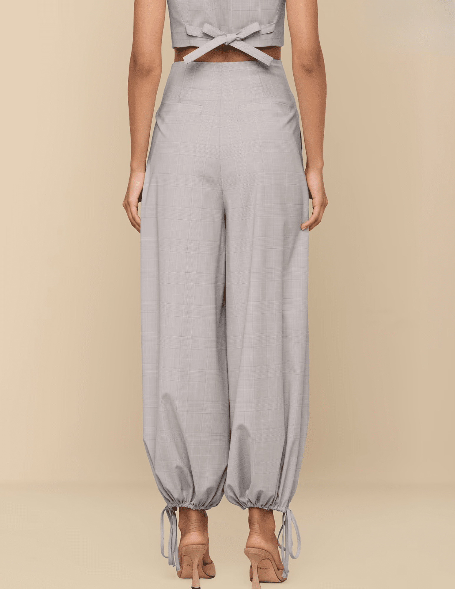 L'AGENCE Ysola Drawstring Hem Pant in Ivory Tan Blue Plaid back view