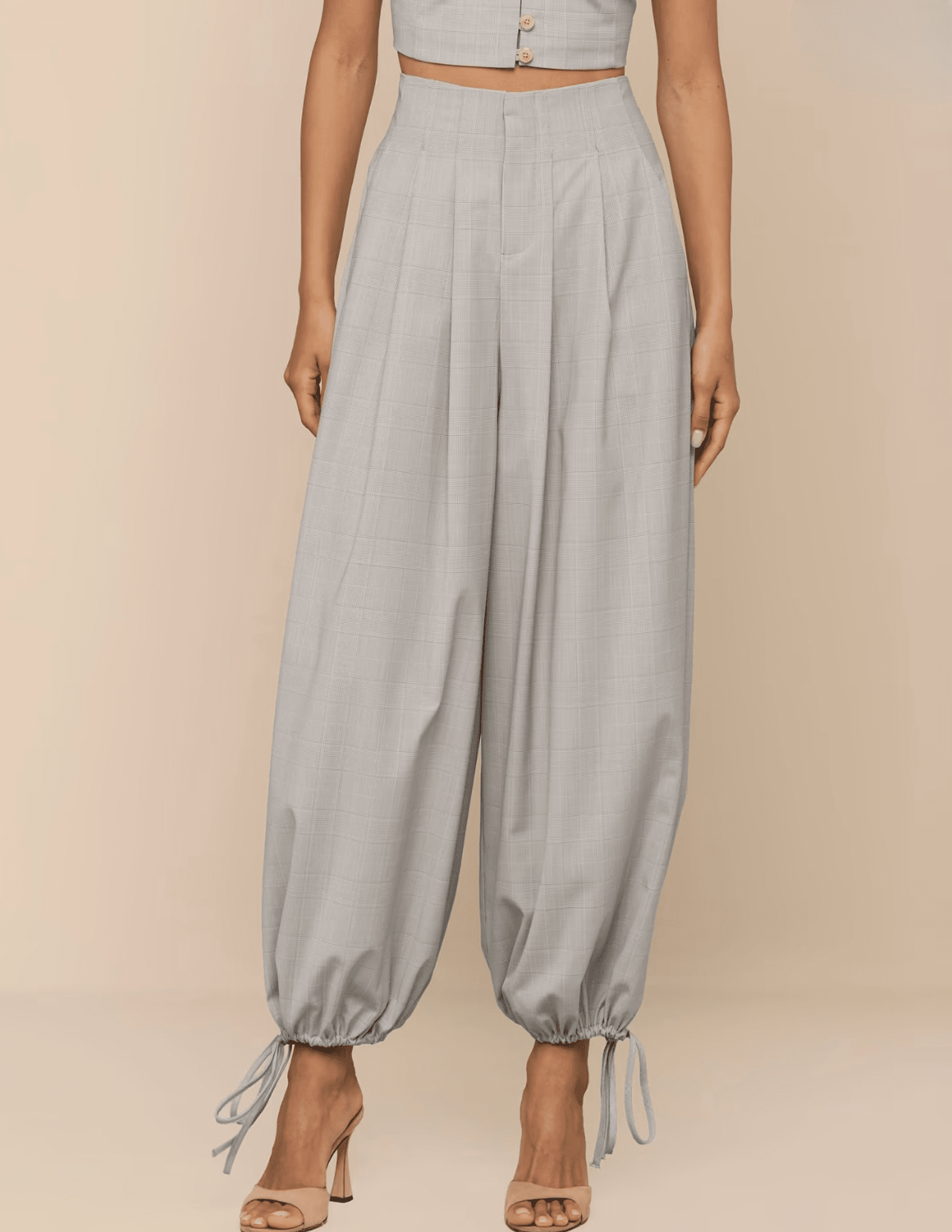 Front view of L'AGENCE Ysola Drawstring Hem Pant in Ivory Tan Blue Plaid