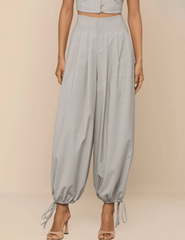Front view of L'AGENCE Ysola Drawstring Hem Pant in Ivory Tan Blue Plaid