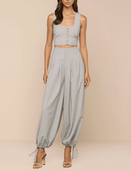 L'AGENCE Ysola Drawstring Hem Pant in Ivory Tan Blue Plaid styled with maching top