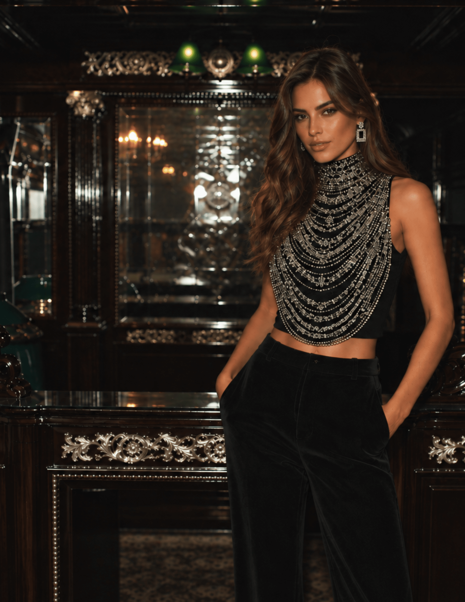 L'AGENCE Yun Draped Crystal Tank styled for an evening look.