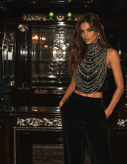 L'AGENCE Yun Draped Crystal Tank styled for an evening look.