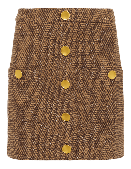 “L’AGENCE Zander Button Front Mini Skirt in Hot Fudge Cinnamon Swirl Gold with gold-tone buttons.”