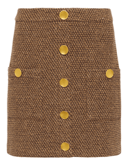 “L’AGENCE Zander Button Front Mini Skirt in Hot Fudge Cinnamon Swirl Gold with gold-tone buttons.”