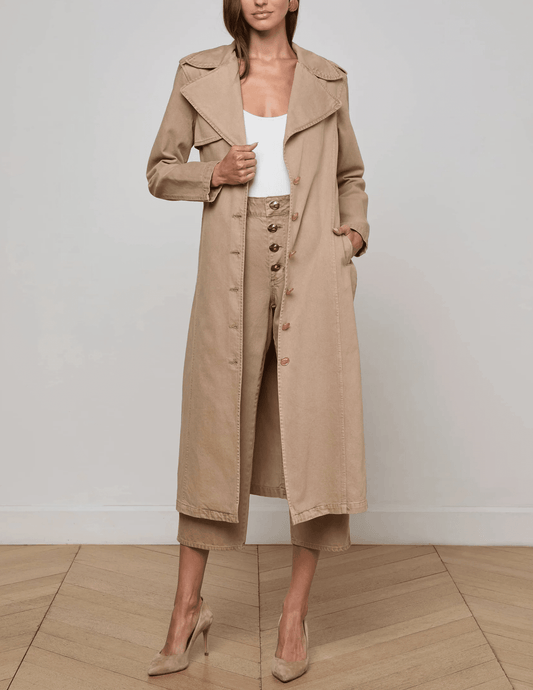 L’AGENCE Zavia Jean Trench Coat in Dark Cappuccino with gold buttons