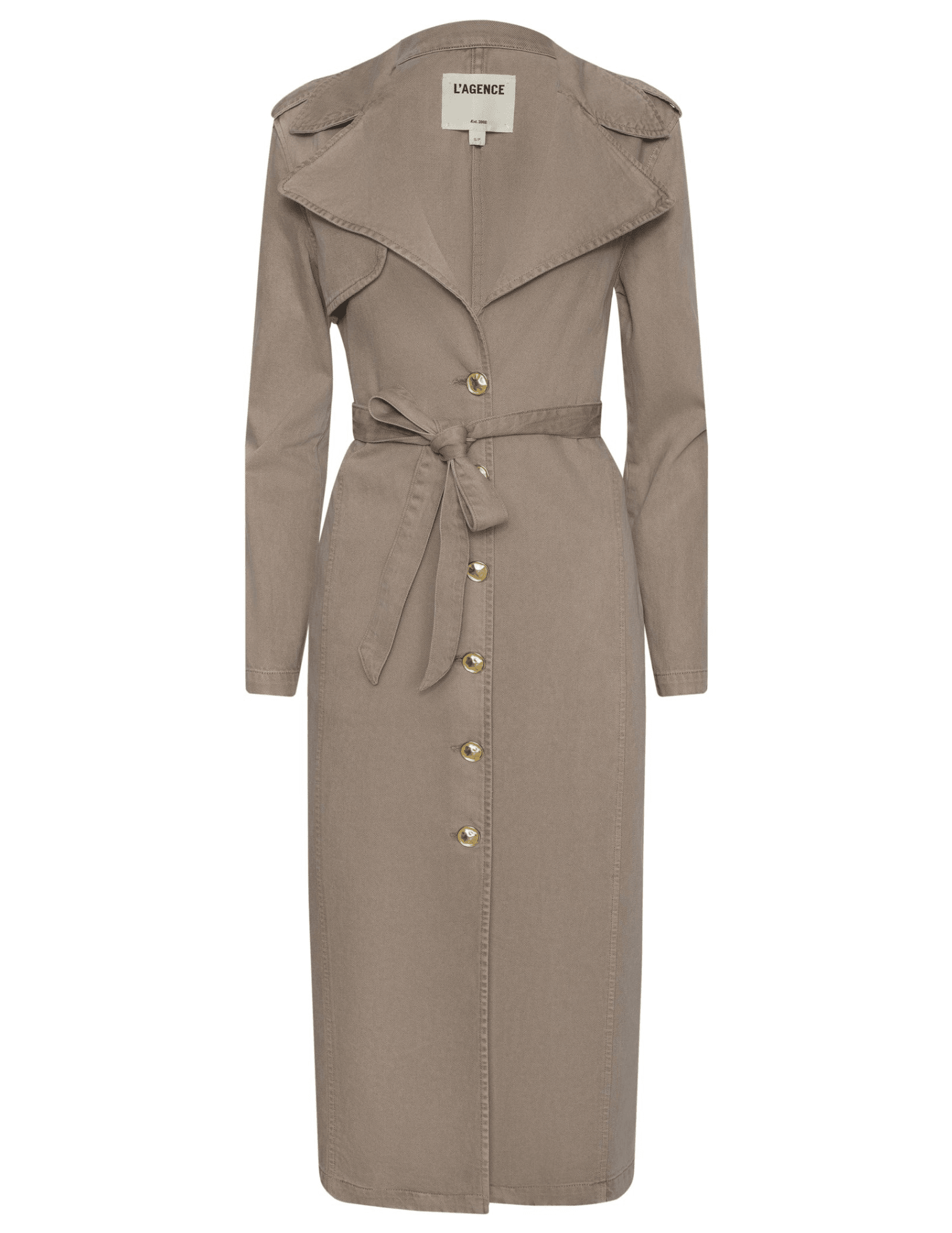 L’AGENCE Zavia Jean Trench Coat in Dark Cappuccino with gold buttons