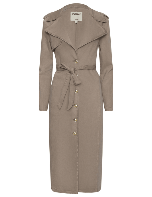 L’AGENCE Zavia Jean Trench Coat in Dark Cappuccino with gold buttons