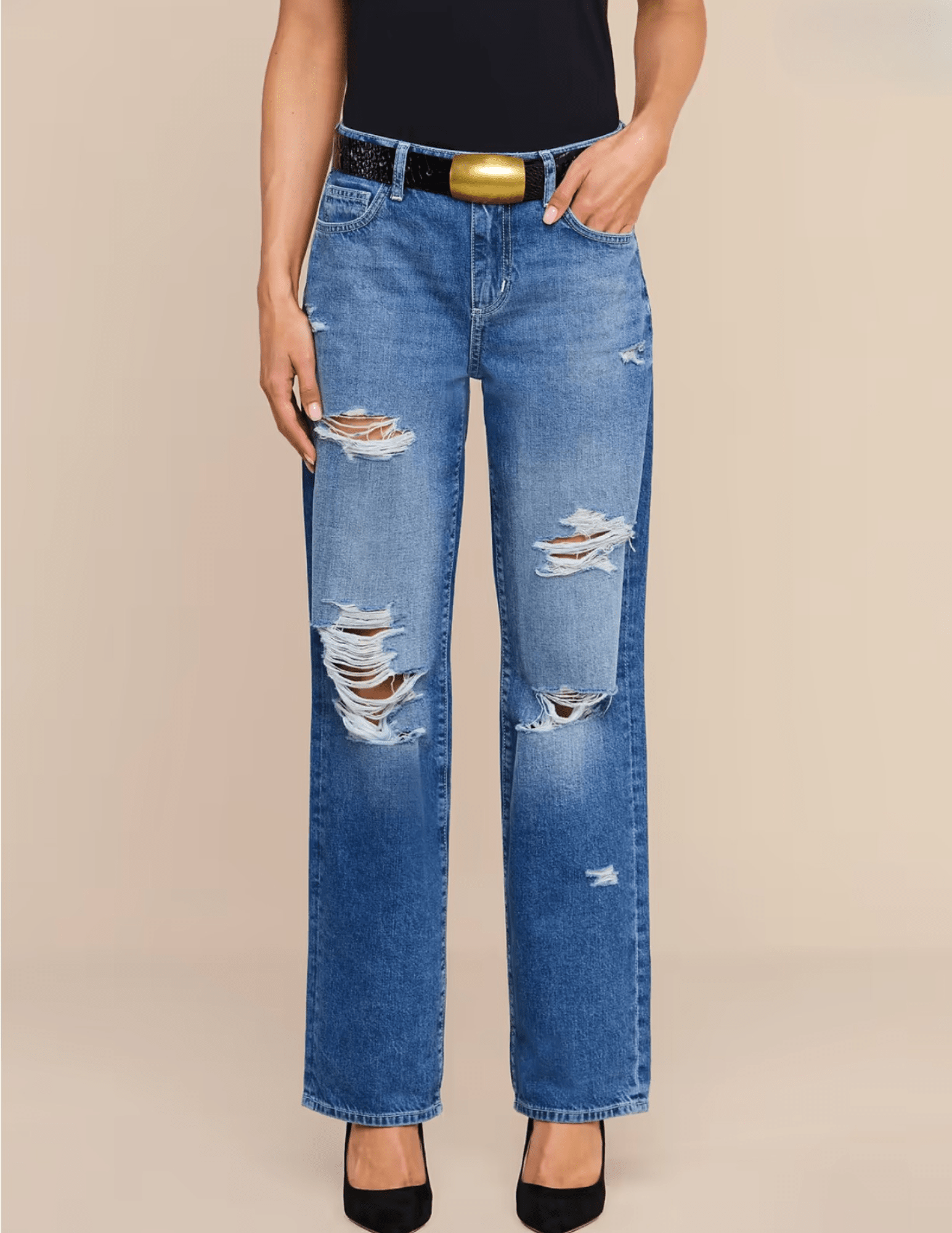 Front view of L'AGENCE Zelda Slouchy Straight Jeans in Atlantis Destruct