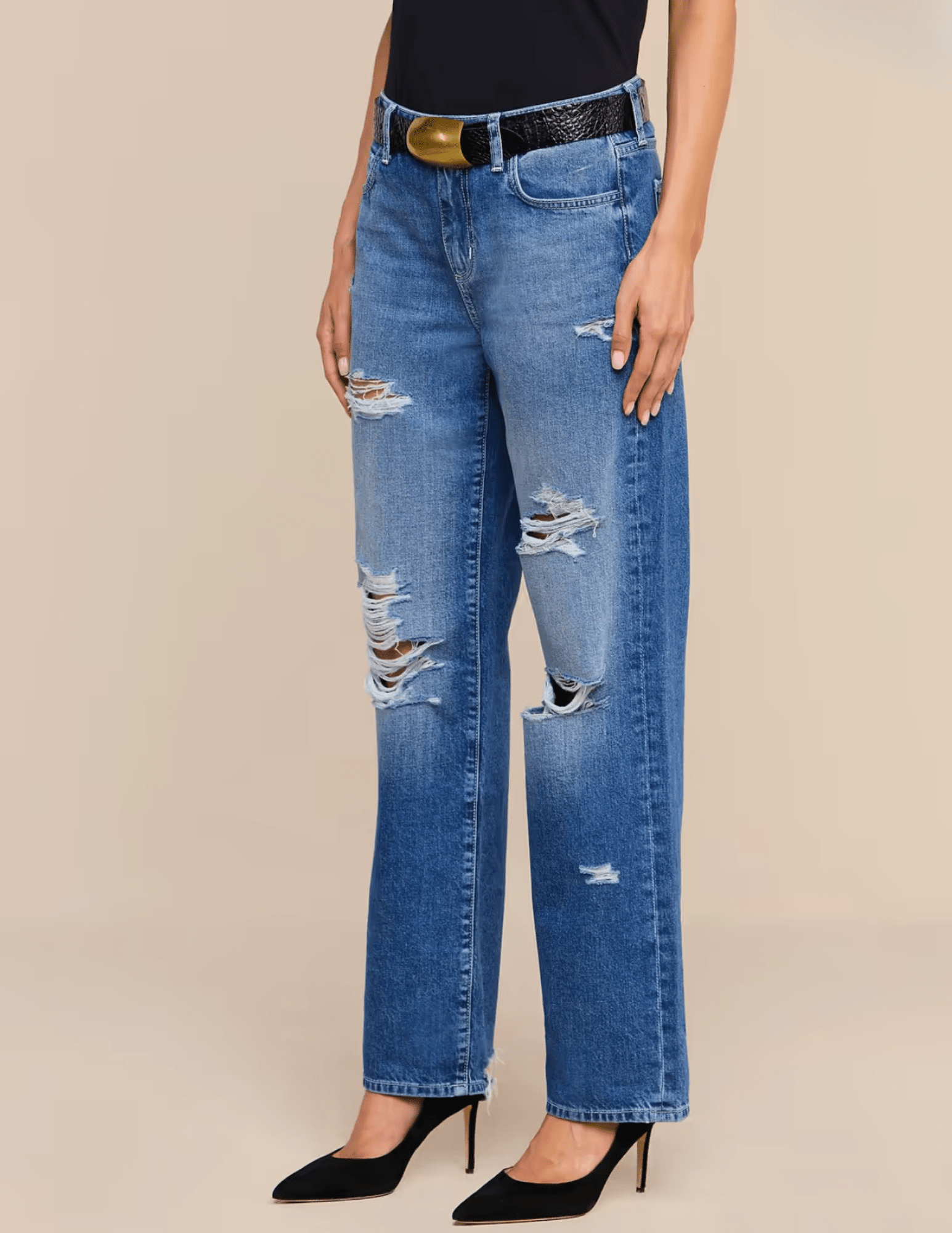 Side view of L'AGENCE Zelda Slouchy Straight Jeans in Atlantis Destruct