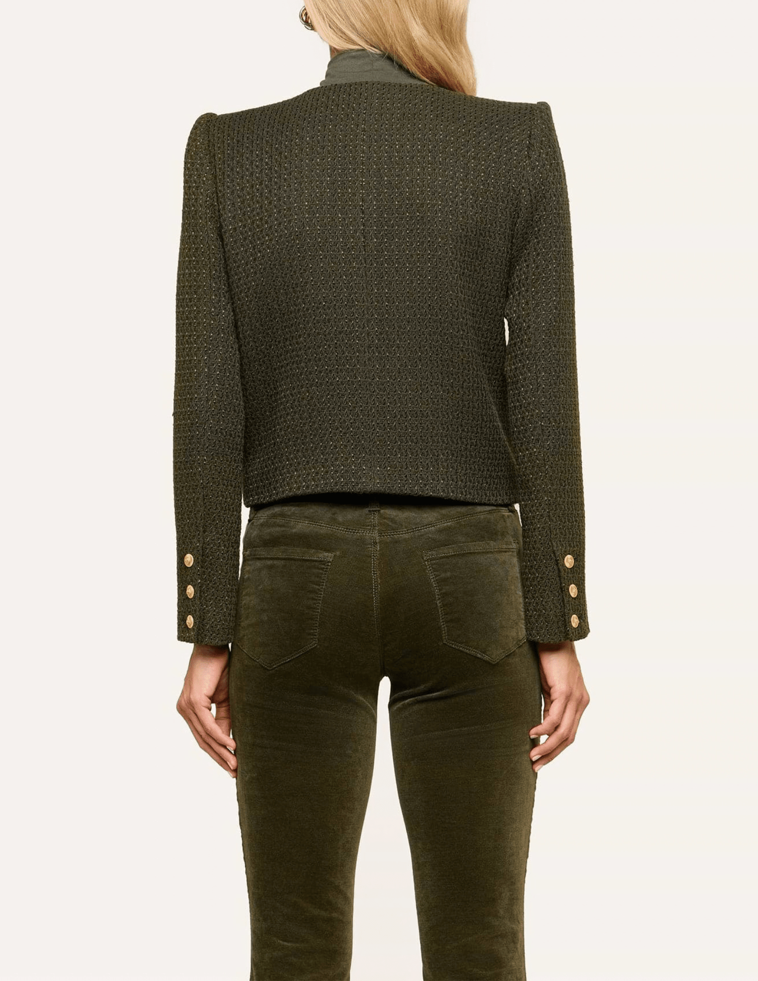 Back view of L'AGENCE Zell Tweed Collarless Jacket in Army showing its tailored boxy silhouette.