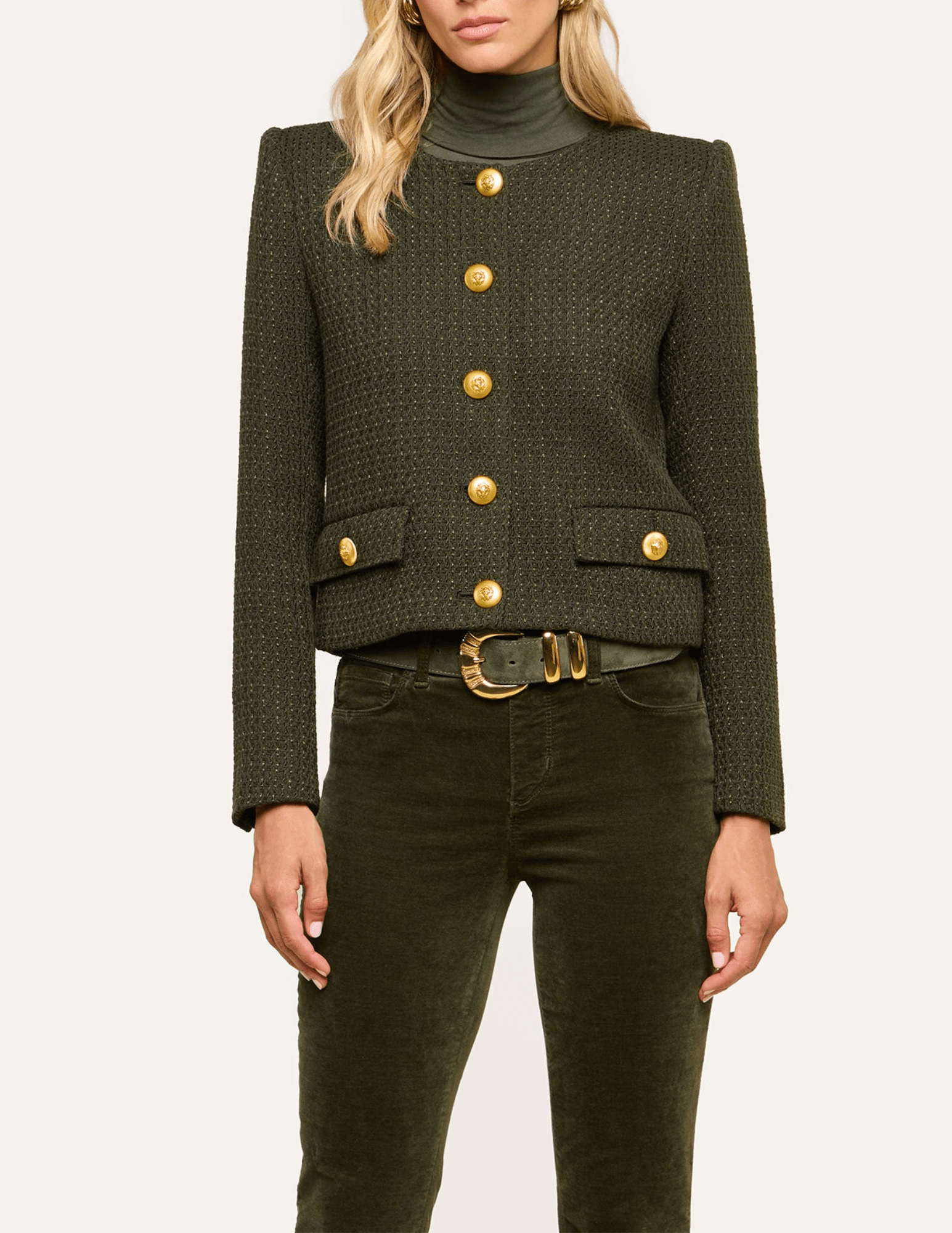 L'AGENCE Zell Tweed Collarless Jacket in Army, showing the gold button front and flap pockets.