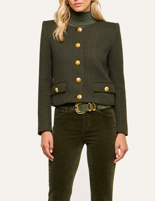 L'AGENCE Zell Tweed Collarless Jacket in Army, showing the gold button front and flap pockets.