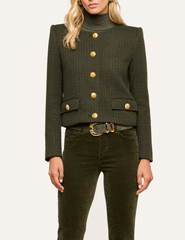 L'AGENCE Zell Tweed Collarless Jacket in Army, showing the gold button front and flap pockets.