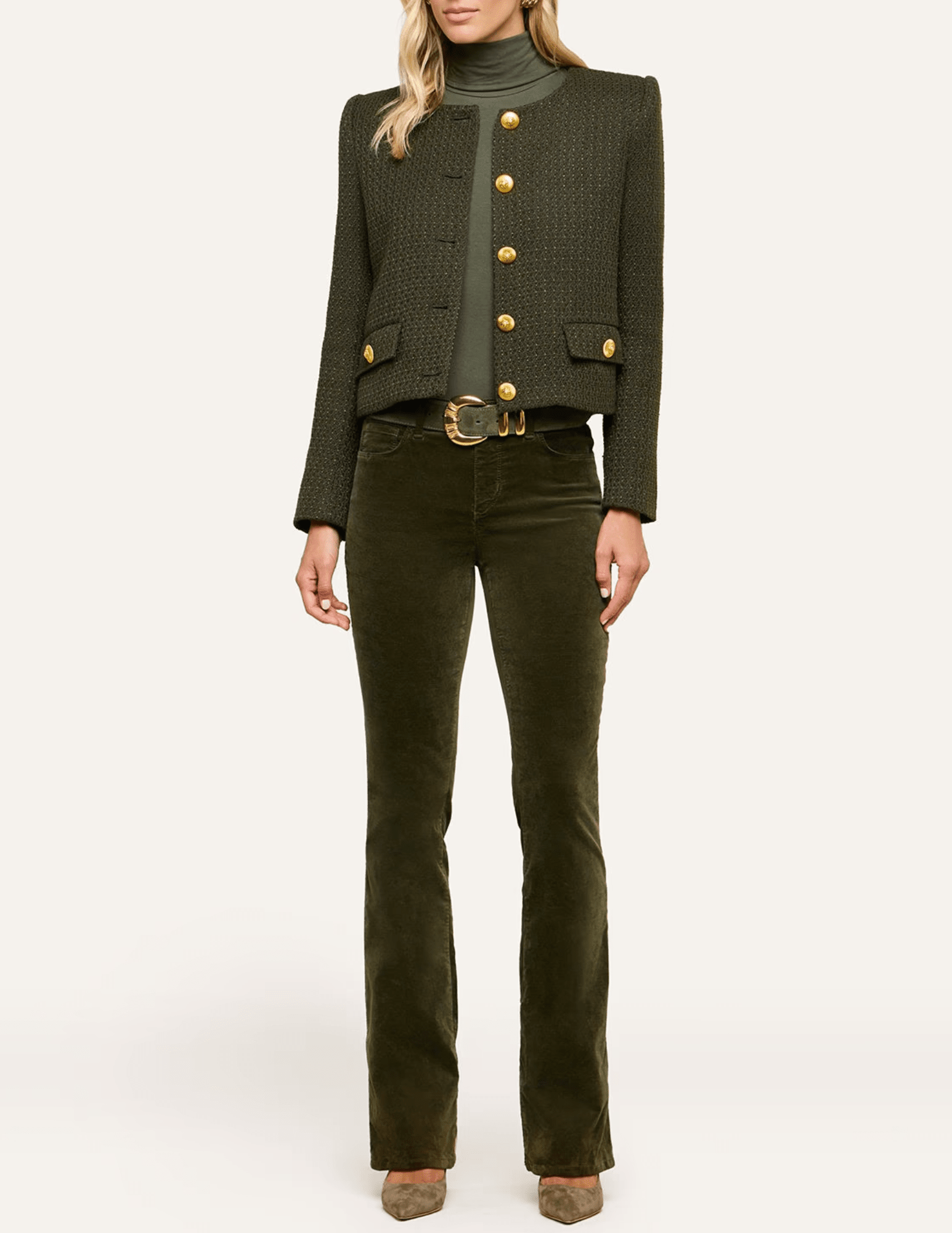 L'AGENCE Zell Army Green Tweed Jacket styled with coordinating green pants and gold accessories.