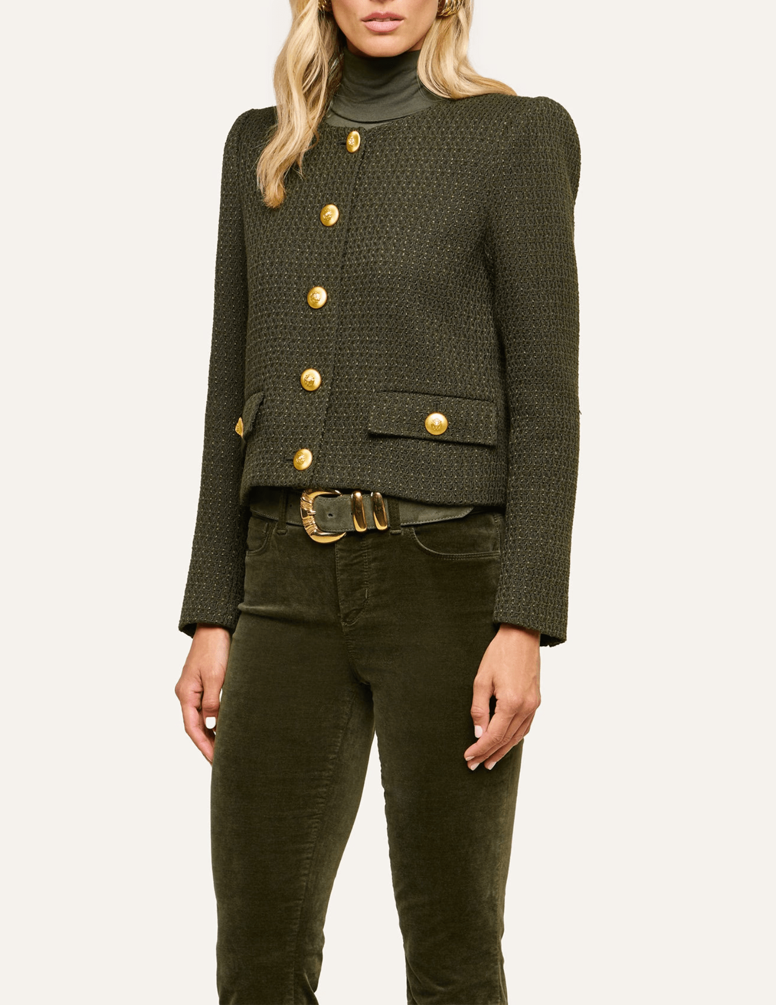 Angled view of L'AGENCE Zell Army Green Tweed Jacket featuring a collarless neckline and structured shoulders.