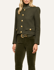 Angled view of L'AGENCE Zell Army Green Tweed Jacket featuring a collarless neckline and structured shoulders.