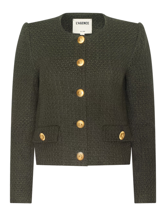 L'AGENCE Zell Tweed Collarless Jacket in Army