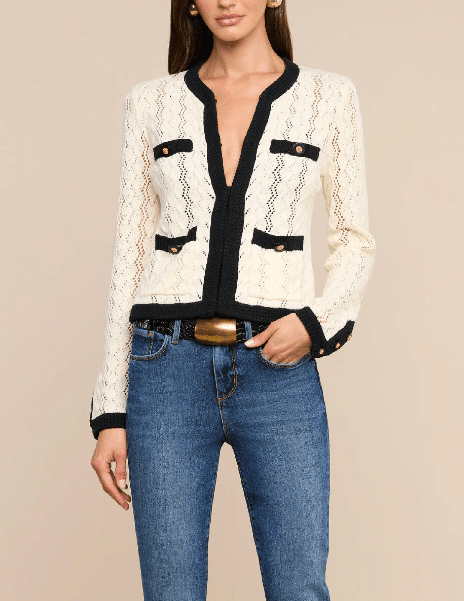 Front view of L'AGENCE Zephyra Pointelle Cardigan in Ivory and Black
