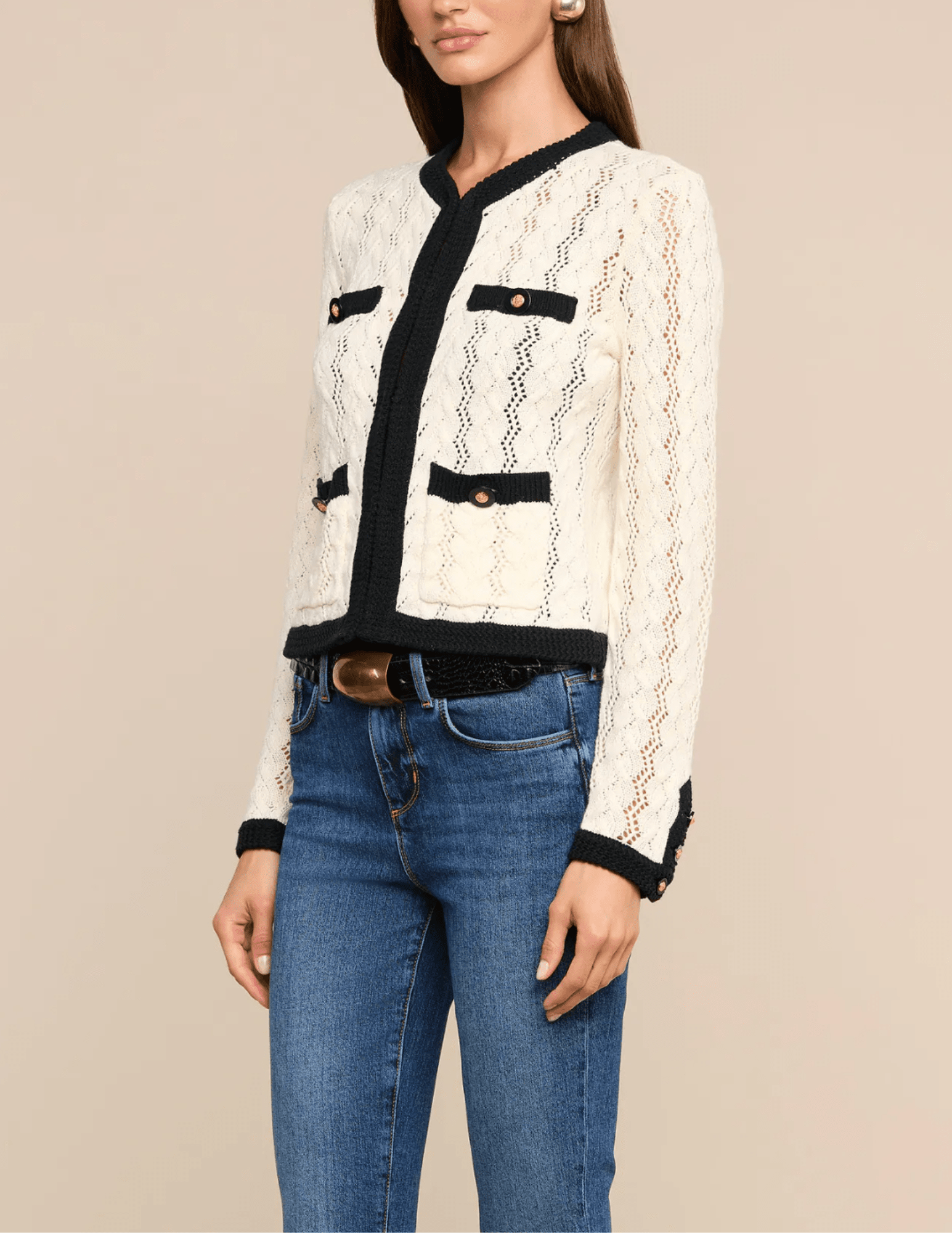 Side view of L'AGENCE Zephyra Pointelle Cardigan in Ivory and Black