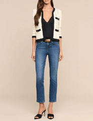 Full body view of L'AGENCE Zephyra Pointelle Cardigan in Ivory and Black