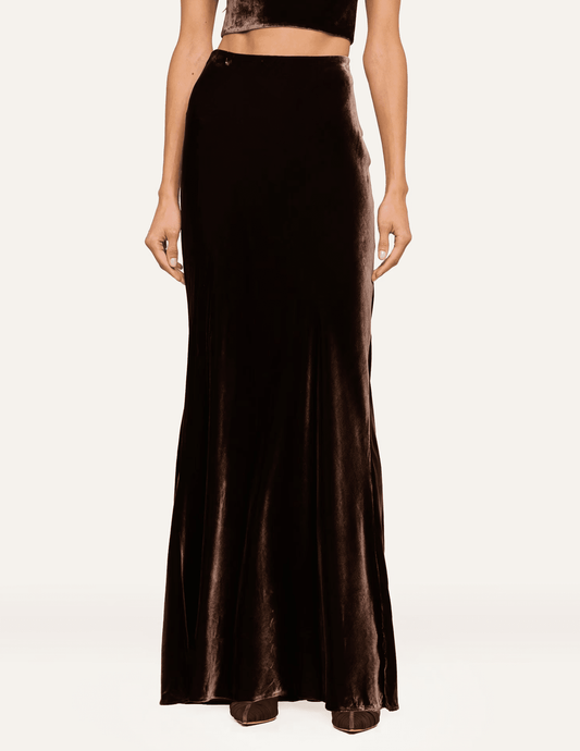 Front view of L'AGENCE Zeta Velvet Maxi Skirt in Dark Java featuring a flattering high waist and flowing velvet fabric.