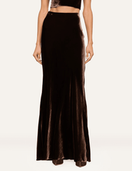 Front view of L'AGENCE Zeta Velvet Maxi Skirt in Dark Java featuring a flattering high waist and flowing velvet fabric.