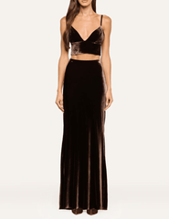 L'AGENCE Zeta Velvet Maxi Skirt in Dark Java styled with a coordinating brown velvet bralette for an elegant evening outfit.