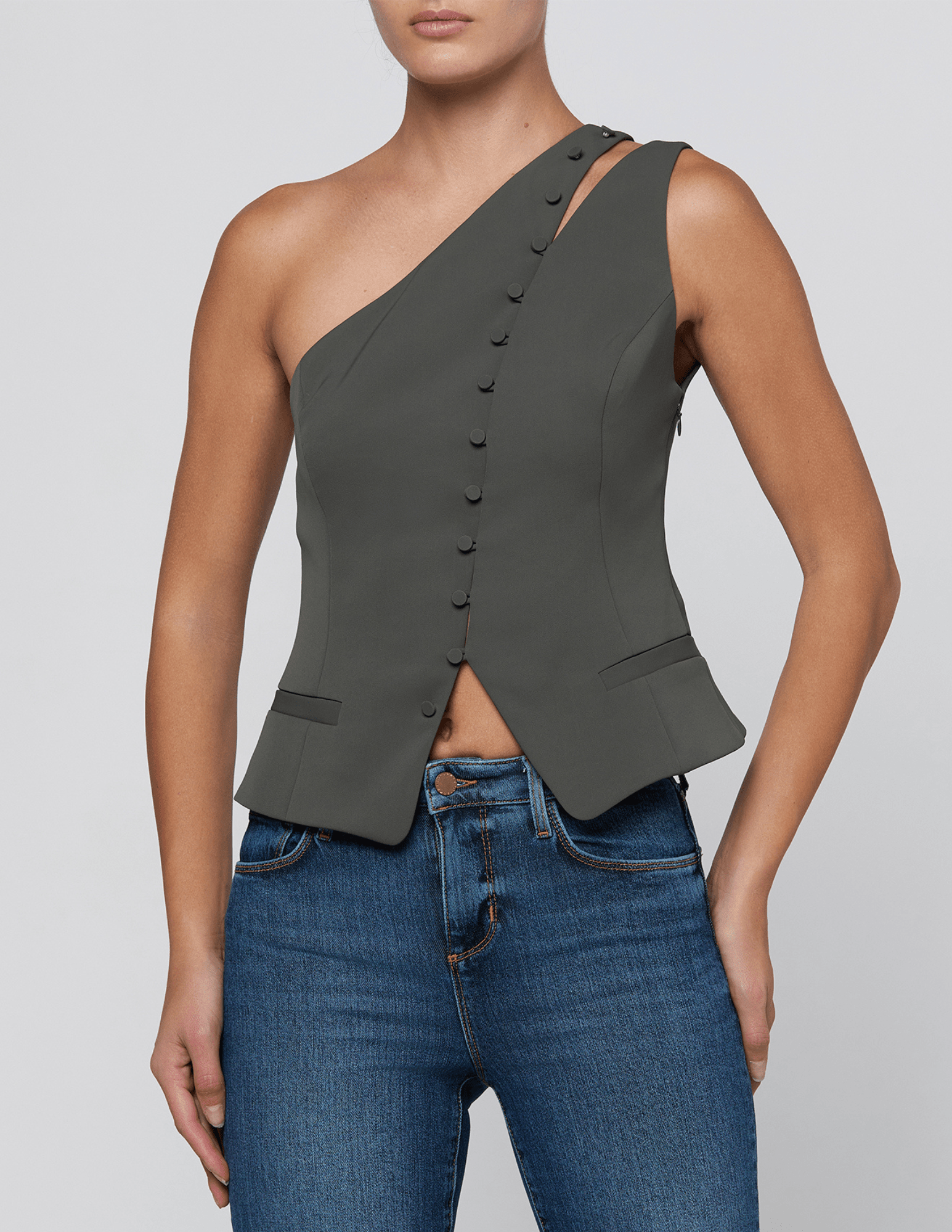 Front view of L'AGENCE Zinnia One Shoulder Vest Ash Olive
