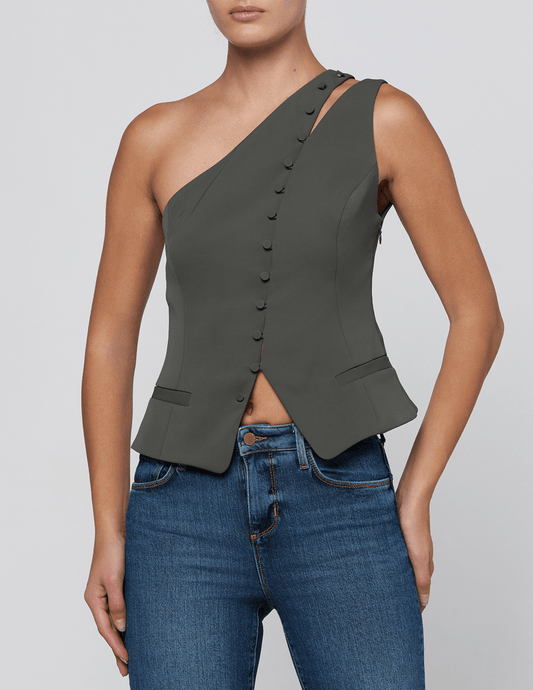 Front view of L'AGENCE Zinnia One Shoulder Vest Ash Olive