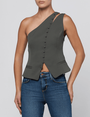 Front view of L'AGENCE Zinnia One Shoulder Vest Ash Olive
